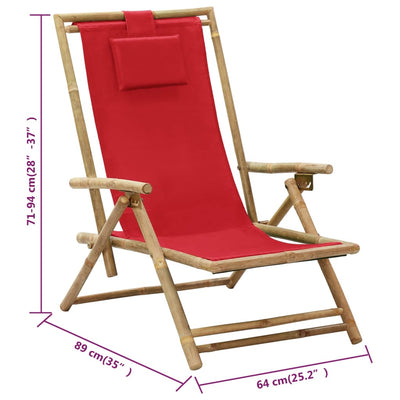 Reclining Relaxing Chair Red Bamboo and Fabric