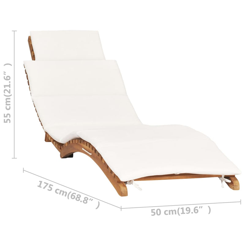 Folding Sun Lounger with Cream White Cushion Solid Teak Wood