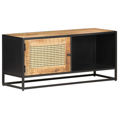 TV Cabinet 90x30x40 cm Rough Mango Wood and Natural Cane