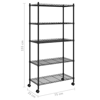 5-Tier Storage Shelf with Wheels 75x35x155 cm Black 250 kg