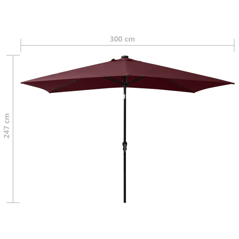 Garden Parasol with LEDs and Steel Pole Bordeaux Red 2x3 m