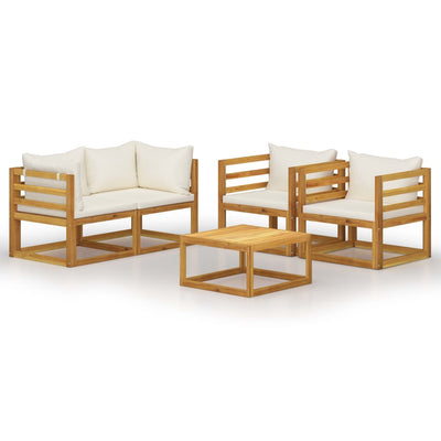 5 Piece Garden Lounge Set with Cushion Cream Solid Acacia Wood