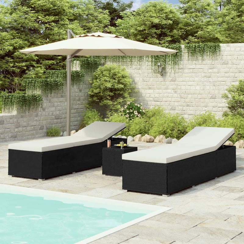 3 Piece Garden Sun Loungers with Tea Table Poly Rattan Black