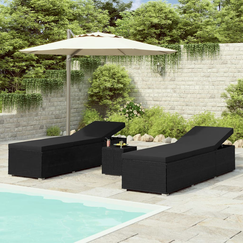 3 Piece Garden Sun Loungers with Tea Table Poly Rattan Black