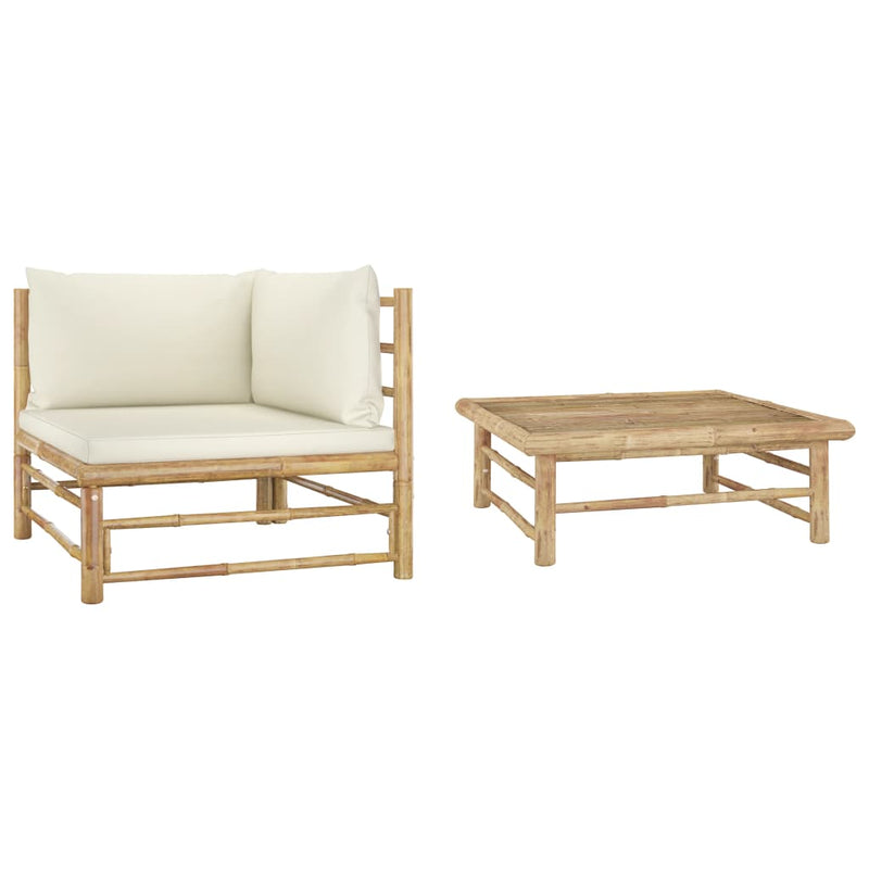 2 Piece Garden Lounge Set with Cream White Cushions Bamboo