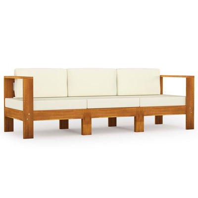 3-Seater Garden Sofa with Cream White Cushions Solid Acacia Wood