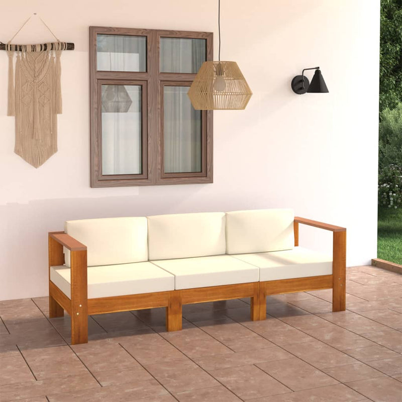 3-Seater Garden Sofa with Cream White Cushions Solid Acacia Wood