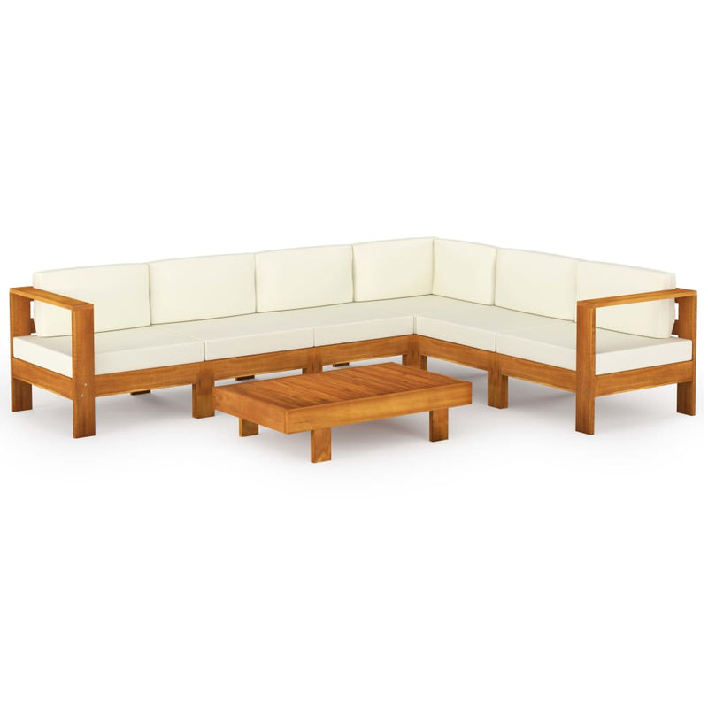 7 Piece Garden Lounge Set with Cream White Cushions Acacia Wood