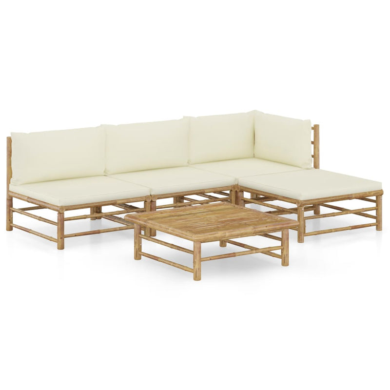 5 Piece Garden Lounge Set with Cream White Cushions Bamboo