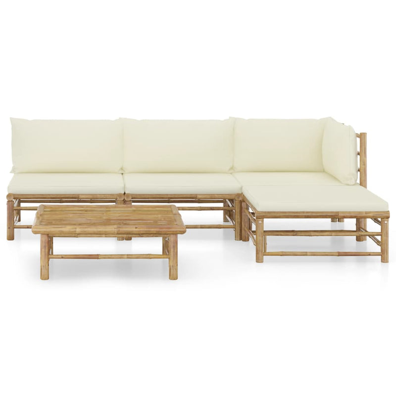 5 Piece Garden Lounge Set with Cream White Cushions Bamboo