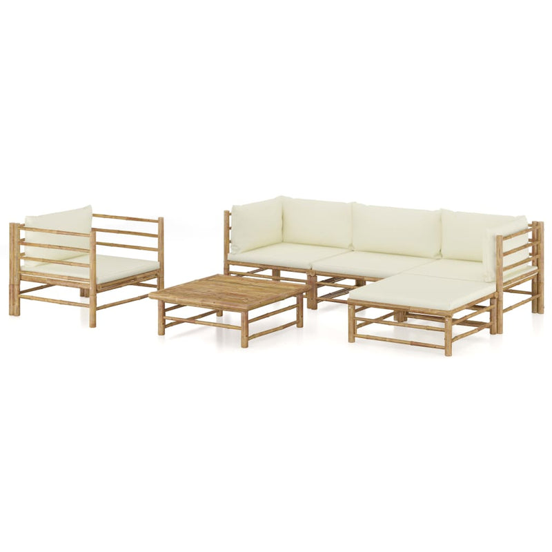 6 Piece Garden Lounge Set with Cream White Cushions Bamboo