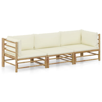 3 Piece Garden Lounge Set with Cream White Cushions Bamboo