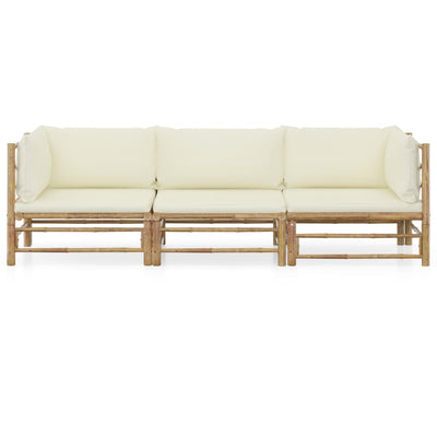 3 Piece Garden Lounge Set with Cream White Cushions Bamboo