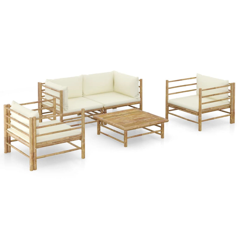 5 Piece Garden Lounge Set with Cream White Cushions Bamboo