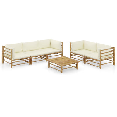 6 Piece Garden Lounge Set with Cream White Cushions Bamboo