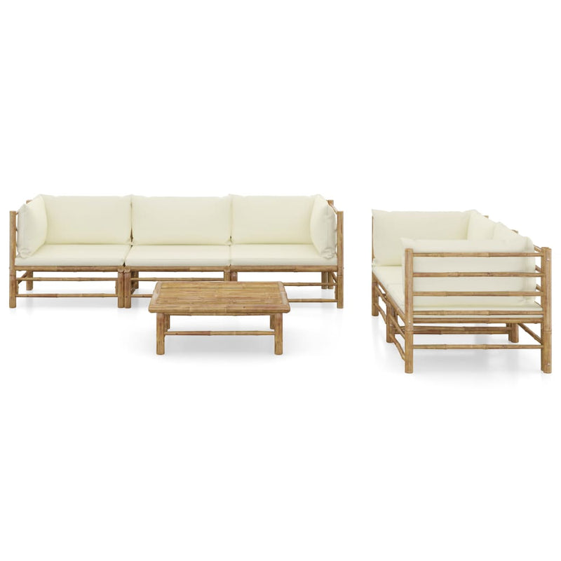 6 Piece Garden Lounge Set with Cream White Cushions Bamboo