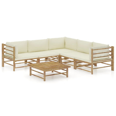 6 Piece Garden Lounge Set with Cream White Cushions Bamboo