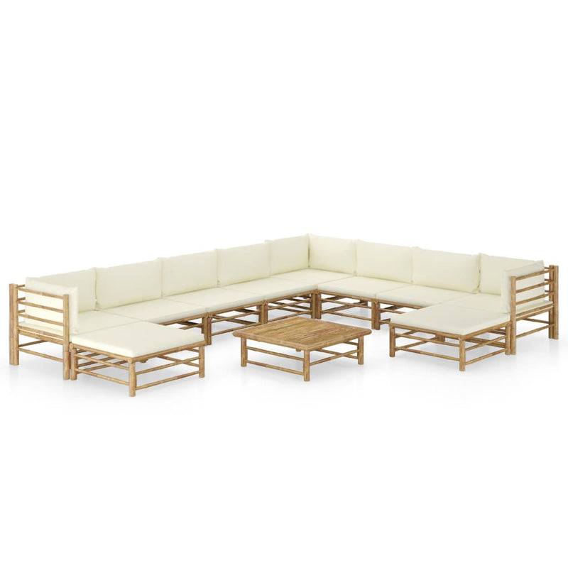 11 Piece Garden Lounge Set with Cream White Cushions Bamboo