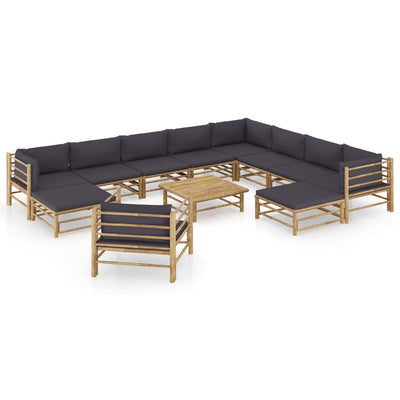 12 Piece Garden Lounge Set with Dark Grey Cushions Bamboo