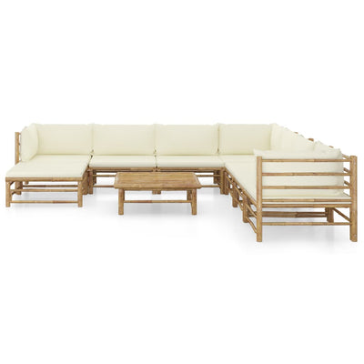 9 Piece Garden Lounge Set with Cream White Cushions Bamboo