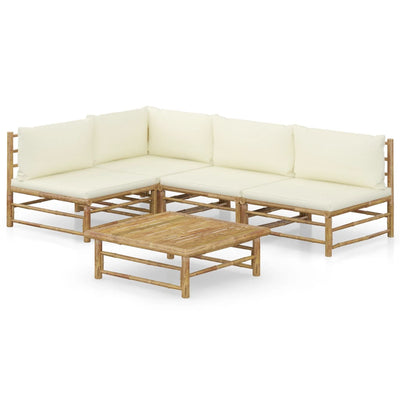 5 Piece Garden Lounge Set with Cream White Cushions Bamboo