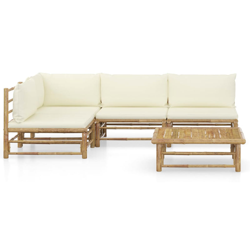 5 Piece Garden Lounge Set with Cream White Cushions Bamboo