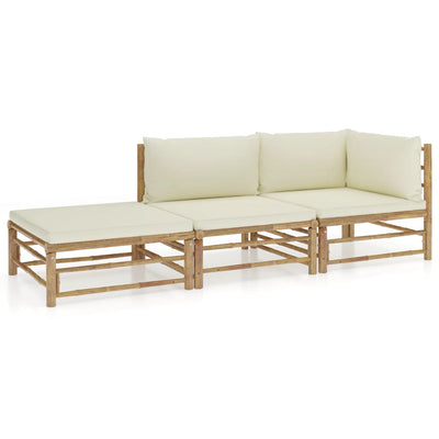 3 Piece Garden Lounge Set with Cream White Cushions Bamboo