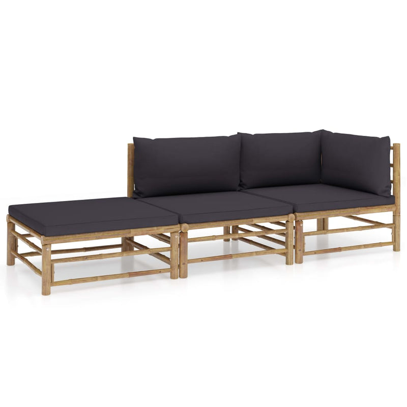 3 Piece Garden Lounge Set with Dark Grey Cushions Bamboo