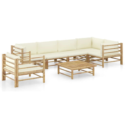 7 Piece Garden Lounge Set with Cream White Cushions Bamboo