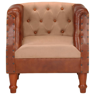 Tub Chair Brown Real Leather and Solid Mango Wood