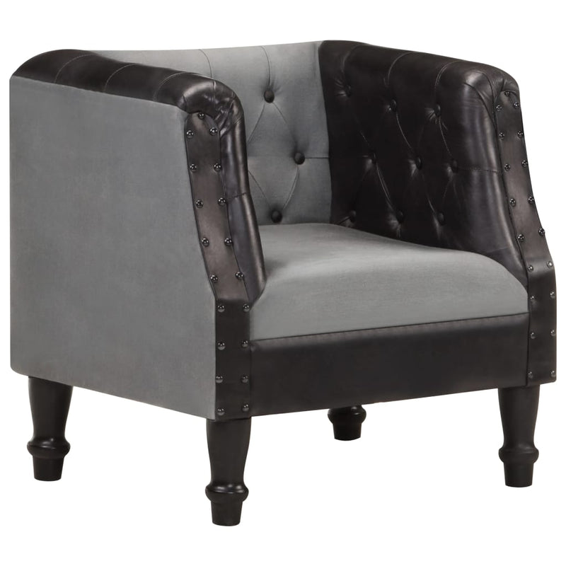 Tub Chair Black Real Leather and Solid Mango Wood