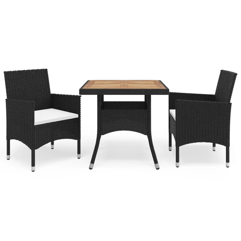 3 Piece Garden Dining Set Black Poly Rattan and Acacia Wood