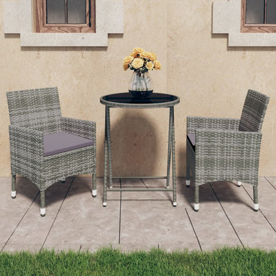 3 Piece Garden Bistro Set Poly Rattan and Tempered Glass Grey