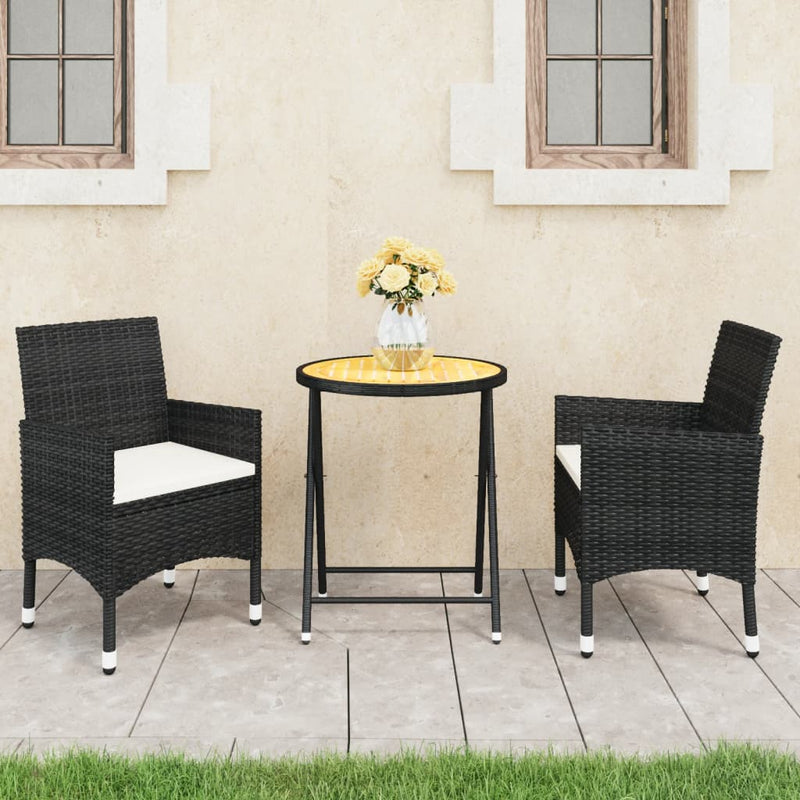 3 Piece Garden Bistro Set Poly Rattan and Acacia Wood Black