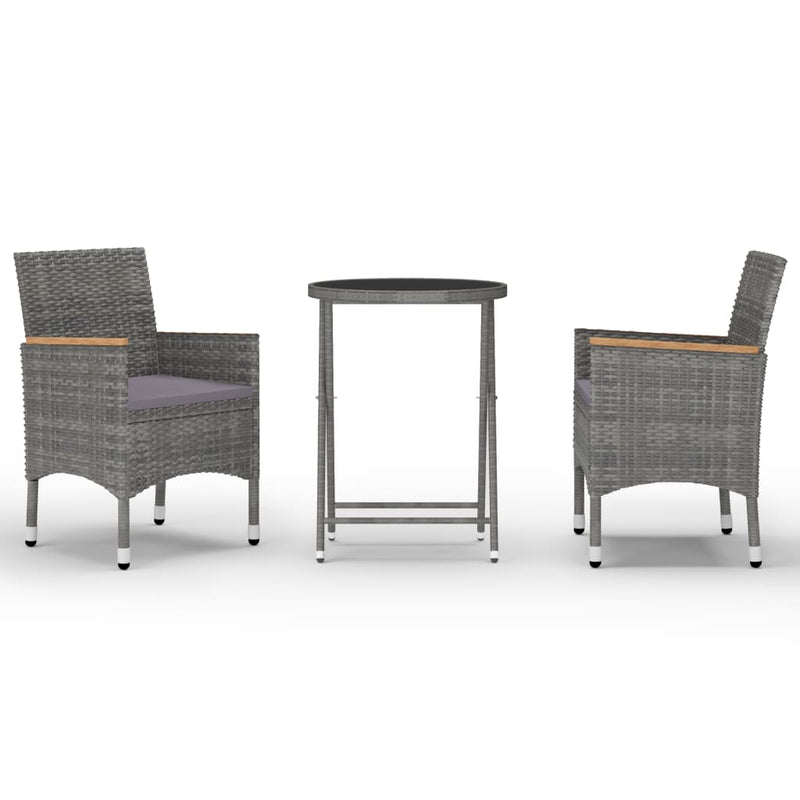 3 Piece Garden Bistro Set Poly Rattan and Tempered Glass Grey