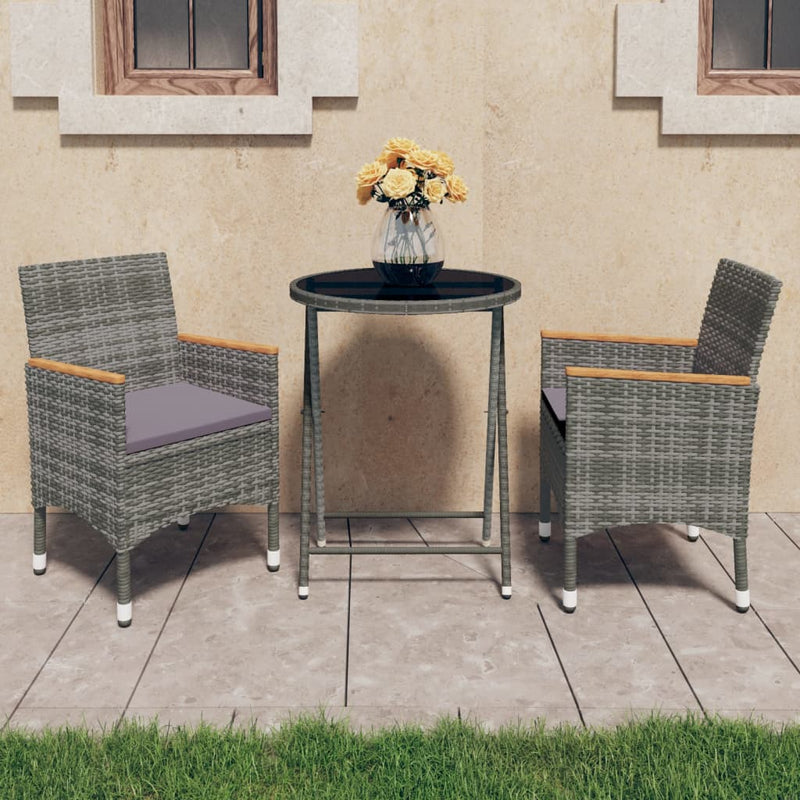 3 Piece Garden Bistro Set Poly Rattan and Tempered Glass Grey