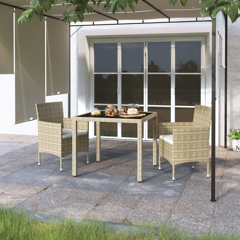 3 Piece Garden Dining Set Poly Rattan and Tempered Glass Beige