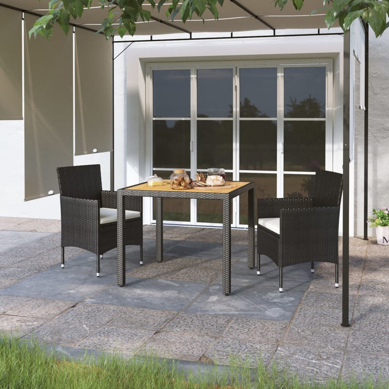 3 Piece Garden Dining Set Poly Rattan & Solid Acacia Wood Black