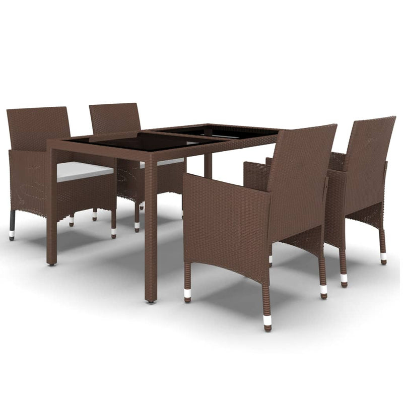 5 Piece Garden Dining Set Poly Rattan and Tempered Glass Brown