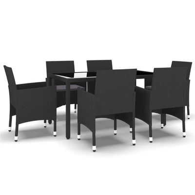 7 Piece Garden Dining Set Poly Rattan and Tempered Glass Black