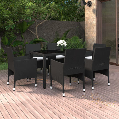 7 Piece Garden Dining Set Poly Rattan and Tempered Glass Black