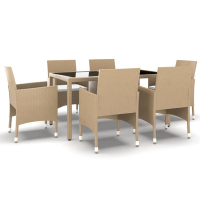 7 Piece Garden Dining Set Poly Rattan and Tempered Glass Beige