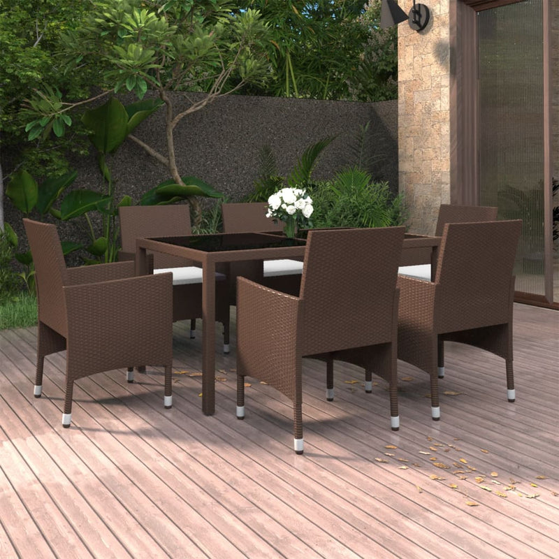 7 Piece Garden Dining Set Poly Rattan and Tempered Glass Brown