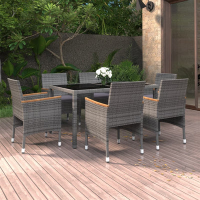 7 Piece Garden Dining Set Poly Rattan and Tempered Glass Grey