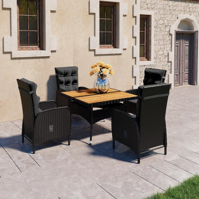 5 Piece Garden Dining Set Poly Rattan and Acacia Wood Black