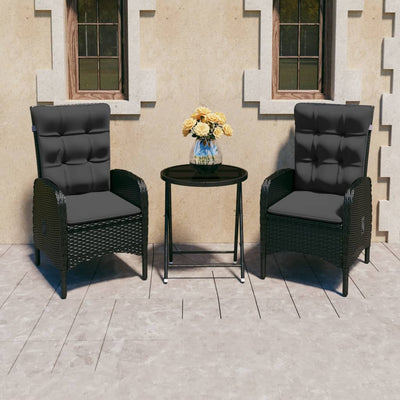 3 Piece Garden Bistro Set Poly Rattan and Glass Black