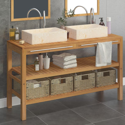 Bathroom Vanity Cabinet Solid Wood Teak with Sinks Marble Cream