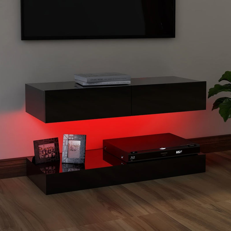 TV Cabinet with LED Lights High Gloss Black 90x35 cm