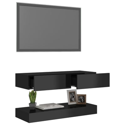 TV Cabinet with LED Lights High Gloss Black 90x35 cm