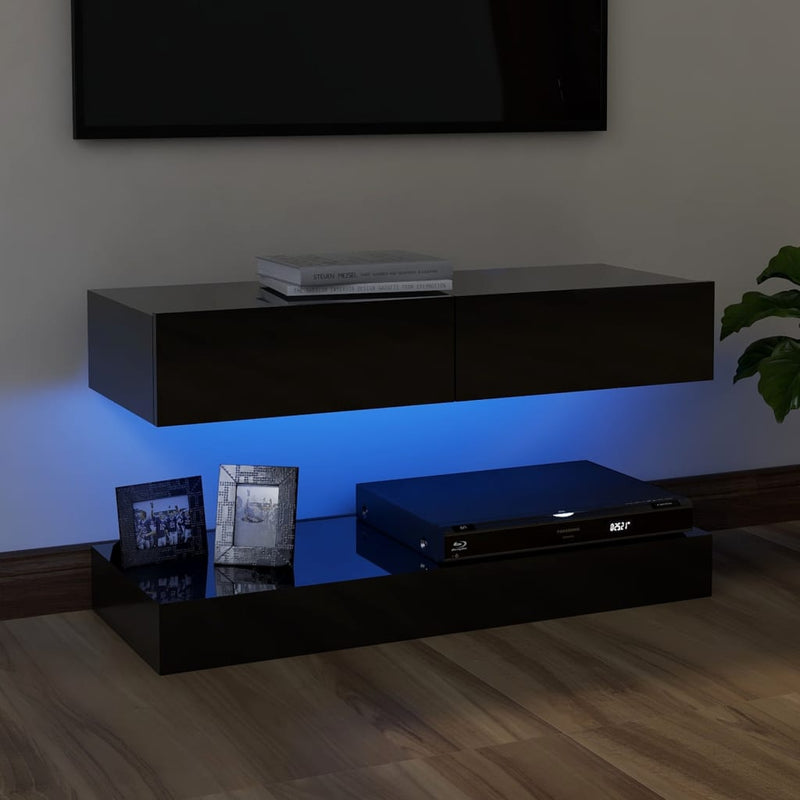 TV Cabinet with LED Lights High Gloss Black 90x35 cm